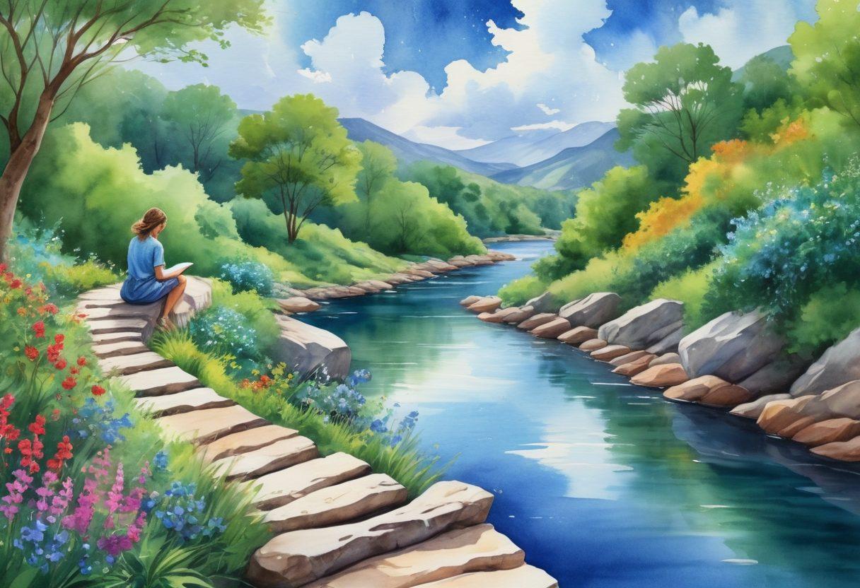 A serene landscape featuring a winding path through lush greenery, symbolizing a journey towards wellness. Alongside the path, vibrant flowers bloom and a tranquil river flows, representing personal growth. Include a figure sitting on a rock, journaling, immersed in nature and reflecting. The sky is a bright blue with soft clouds, inviting exploration. watercolor painting. vibrant colors. 3D effect.