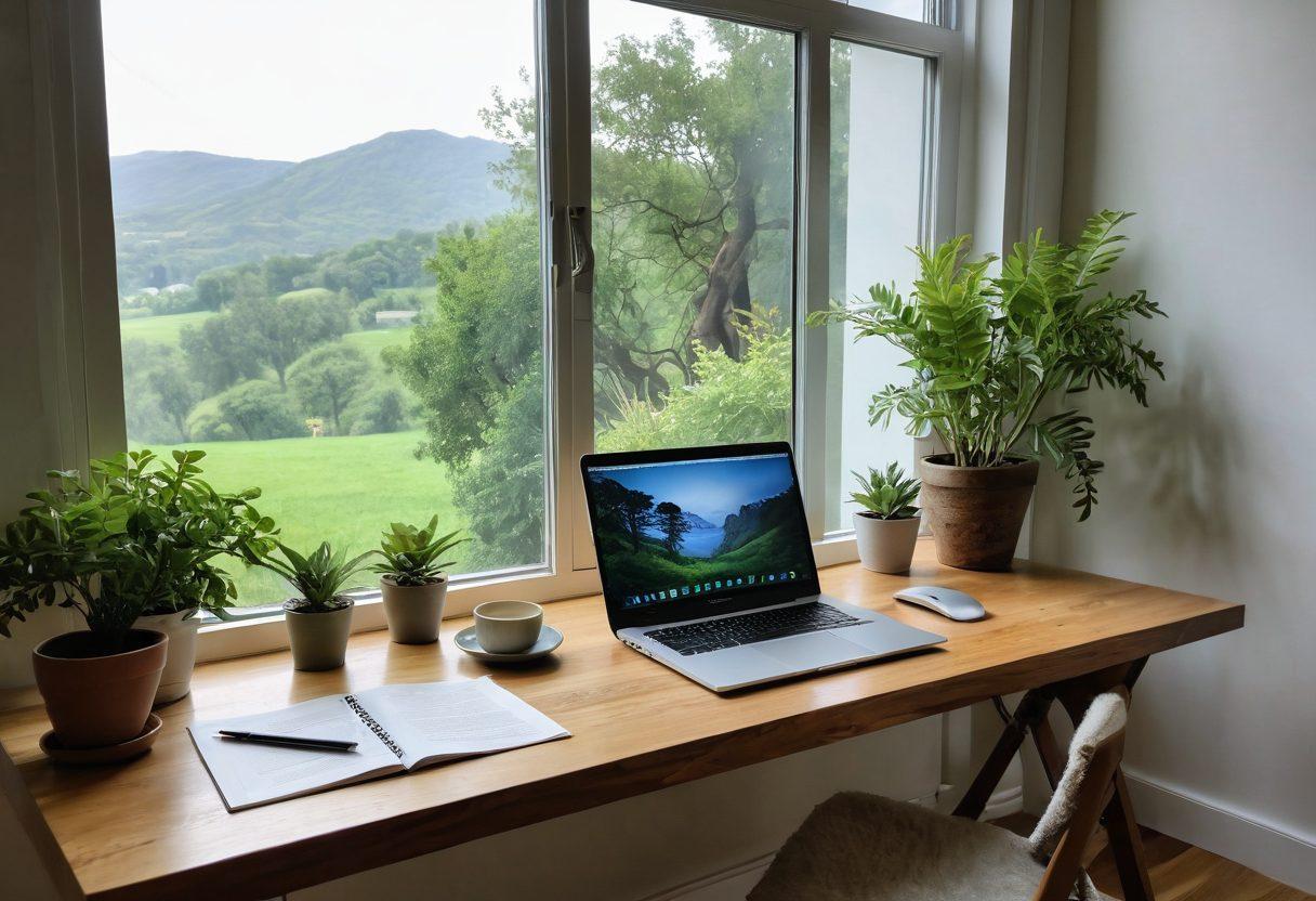 A serene and cozy workspace overlooking a lush green landscape, featuring a laptop with an open blog page, a steaming cup of herbal tea, and a vibrant fruit bowl to symbolize nourishment. Soft natural light streams in through large windows, creating a peaceful atmosphere that invites creativity and balance. Minimalistic plants add a touch of freshness, reflecting an expat's harmonious lifestyle. super-realistic. vibrant colors. calming background.
