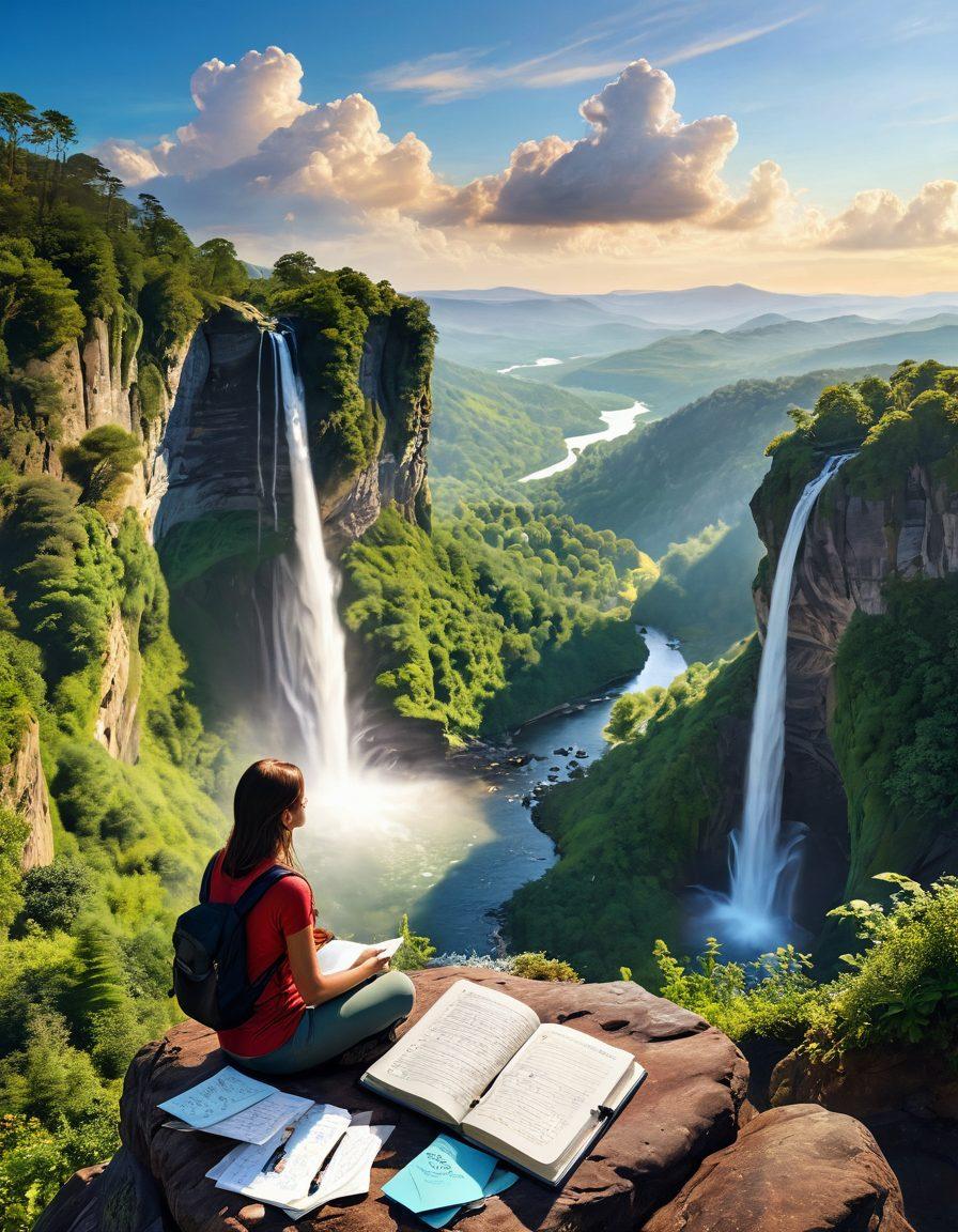A serene traveler standing on a mountain peak, gazing at a vast landscape filled with lush greenery, waterfalls, and distant cities. The foreground features a journal open with handwritten notes on personal growth and wellness tips. Warm sunlight bathes the scene, creating a sense of peace and reflection, while vibrant birds soar in the sky. super-realistic. vibrant colors. uplifting atmosphere.
